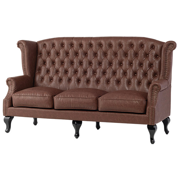 ブラウンPUレザーチェスターフィールド3シーターウイングバックソファ