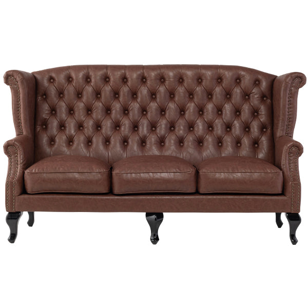 ブラウンPUレザーチェスターフィールド3シーターウイングバックソファ
