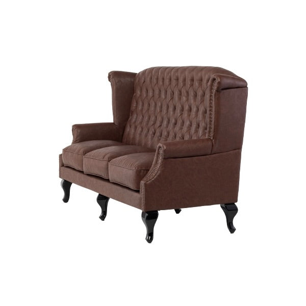 ブラウンPUレザーチェスターフィールド3シーターウイングバックソファ