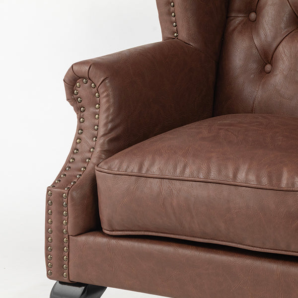 ブラウンPUレザーチェスターフィールド3シーターウイングバックソファ