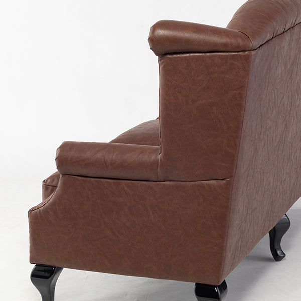 ブラウンPUレザーチェスターフィールド3シーターウイングバックソファ