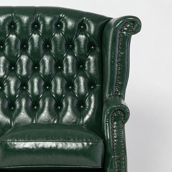 グリーンPUレザーチェスターフィールドウイングバックソファ
