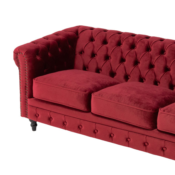 レッドベルベットコンパクトチェスターフィールド3シーターソファ　VINCENT(ヴィンセント)
