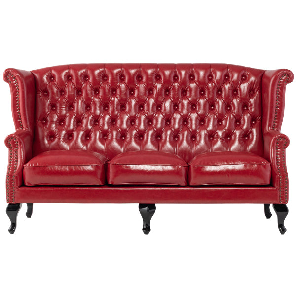 レッドPUレザーチェスターフィールド3シーターウイングバックソファ