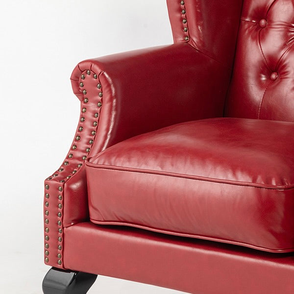 レッドPUレザーチェスターフィールド3シーターウイングバックソファ