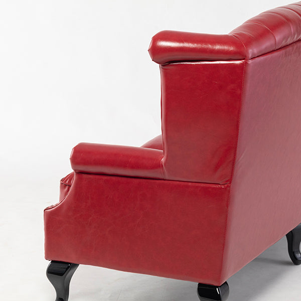 レッドPUレザーチェスターフィールド3シーターウイングバックソファ