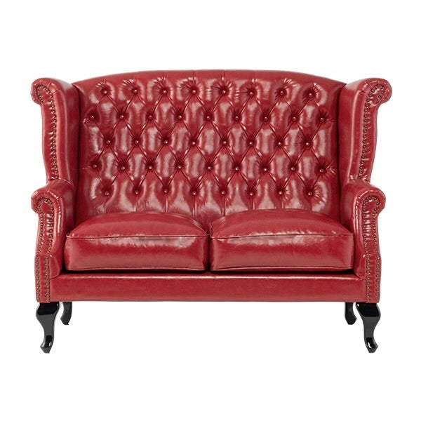 レッドPUレザーチェスターフィールドウイングバックソファ