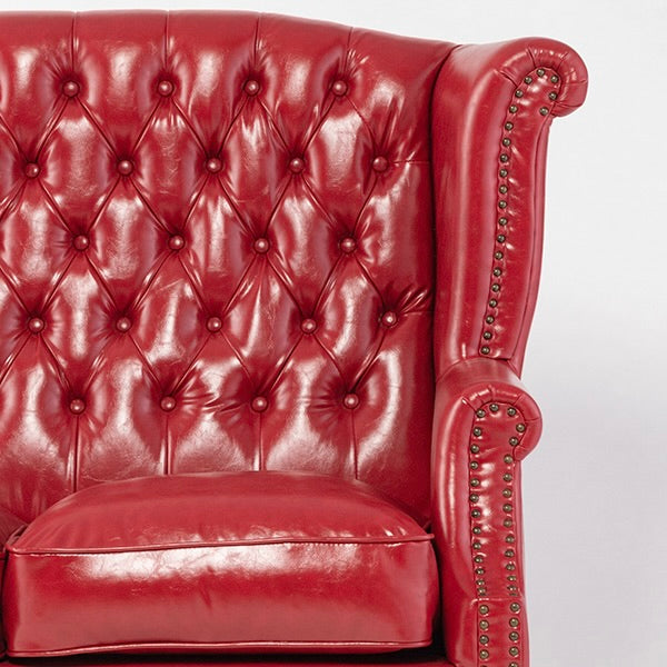 レッドPUレザーチェスターフィールドウイングバックソファ