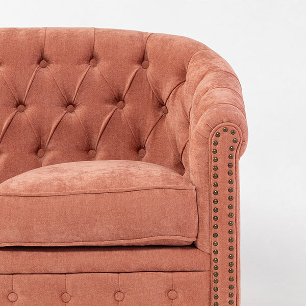 サーモンピンクファブリックコンパクトチェスターフィールドラウンジ3シーターソファ　VINCENT