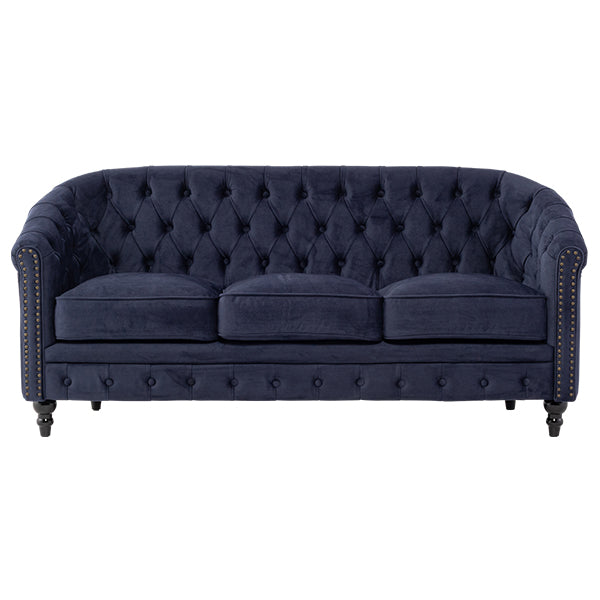 ネイビーブルーファブリックコンパクトチェスターフィールドラウンジ3シーターソファ　VINCENT