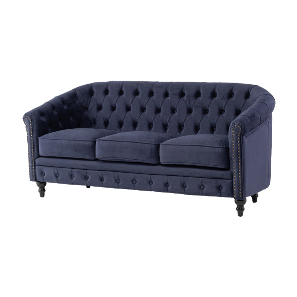 ネイビーブルーファブリックコンパクトチェスターフィールドラウンジ3シーターソファ　VINCENT
