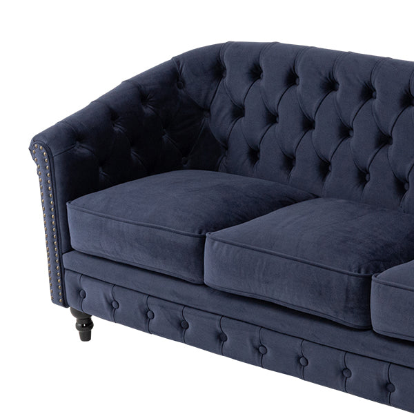 ネイビーブルーファブリックコンパクトチェスターフィールドラウンジ3シーターソファ　VINCENT