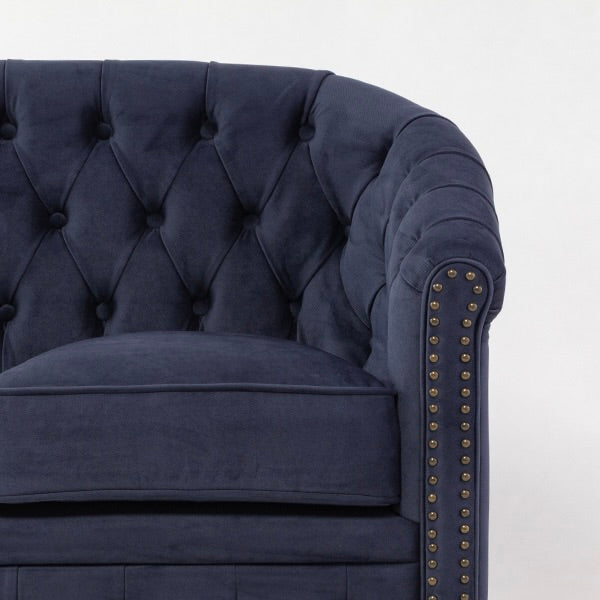 ネイビーブルーファブリックコンパクトチェスターフィールドラウンジ3シーターソファ　VINCENT