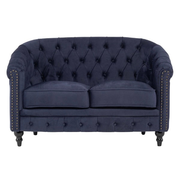 ネイビーブルーファブリックコンパクトチェスターフィールドラウンジ2シーターソファ　VINCENT