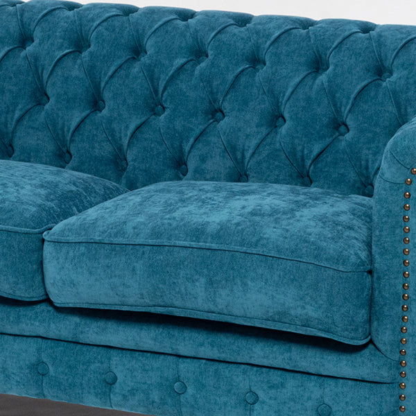 ブルーファブリックコンパクトチェスターフィールド3シーターソファ　VINCENT