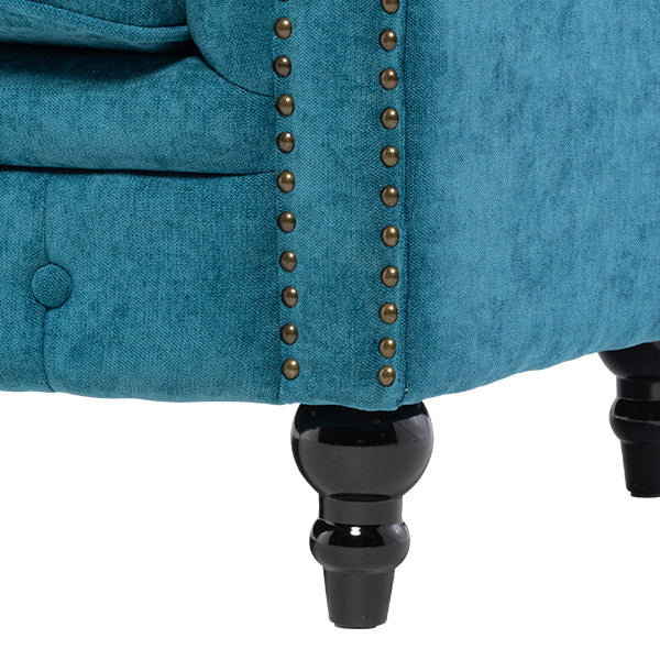 ブルーファブリックコンパクトチェスターフィールド3シーターソファ　VINCENT